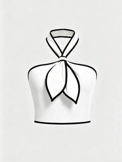 GlowEve Women's Tie-Up Contrast Color Sexy Cropped Halter Neck Tank Top