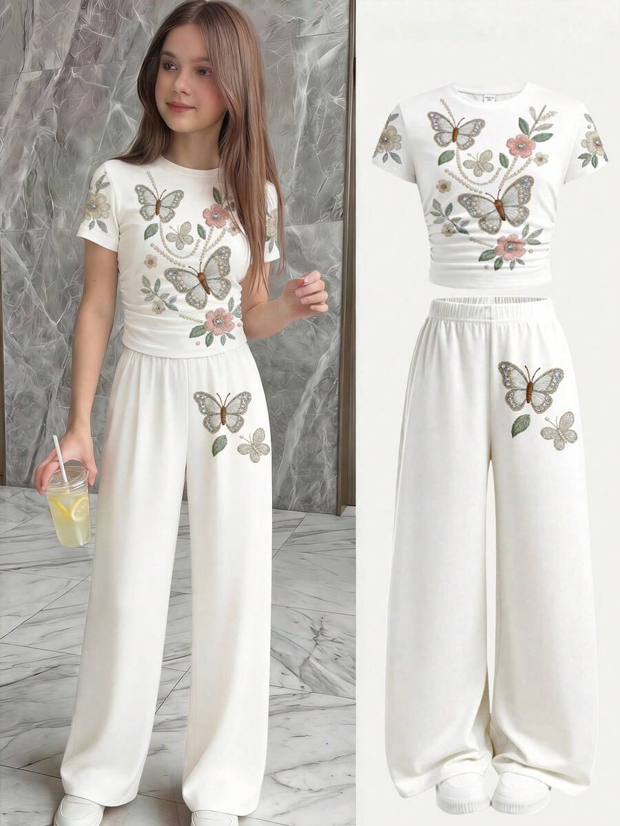 SHEIN Girlism 少女花卉刺绣圆领短袖T恤和裤子休闲日常穿搭 - 彩色 - 查看 1