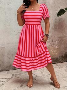 SHEIN Clasi Elegant Pattern Plus Size Women Spring & Summer Long Dress - Hot Pink - View 1