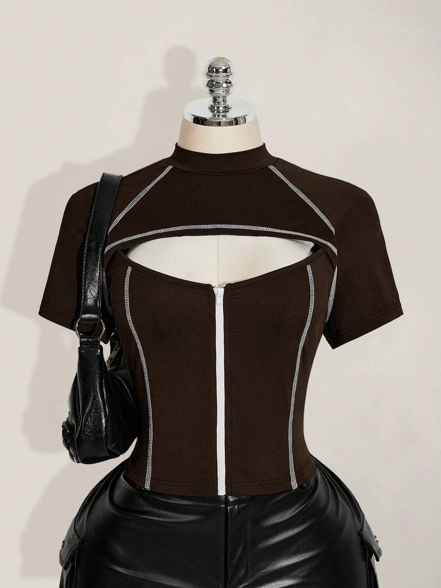 SHEIN ICON 大码女式条纹撞色镂空拉链短袖T恤 - 棕色 - 查看 1