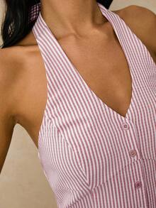 Poéselle Women's Woven Halter Neck Striped Print Fitted Sleeveless Backless Top,Summer Top - Dusty Pink - View 6