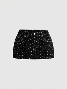 ROMWE Chân váy mini denim cạp siêu thấp họa tiết chấm bi gợi cảm kiểu retro Y2K dành cho nữ, thích hợp cho mùa xuân/hè. - màu đen - Xem 1
