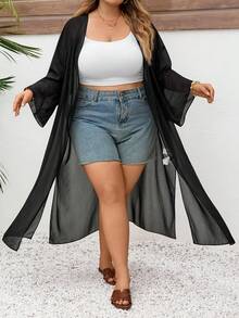 SHEIN CURVE+ Plus Size Women's Summer Business Casual Beachwear Vacations Woman Beach Coat For Spring Break Offices Women Concert Cruise Attire Cover Up - Black - View 8