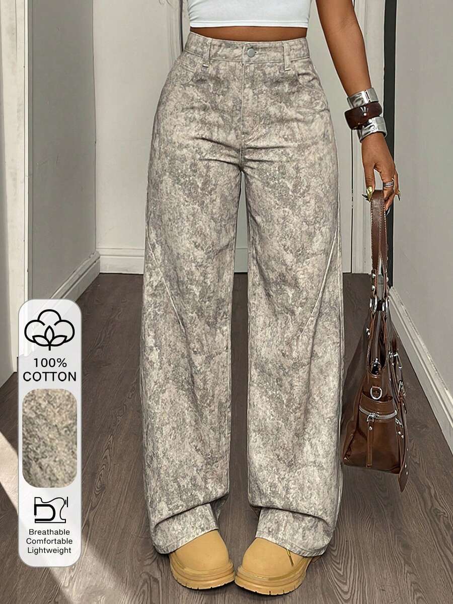 Dazy Tall Jeans casuales de pierna recta y suelta con estampado completo para mujer - Gris - Ver 1