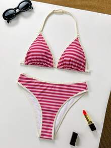 SHEIN Teen Girls Pink Summer Beach Holiday Spaghetti Strap Bikini Set,Contrast Color Two Pieces Bathing Suits,Minimalist Striped Swimwears Outfit - Hot Pink - View 3