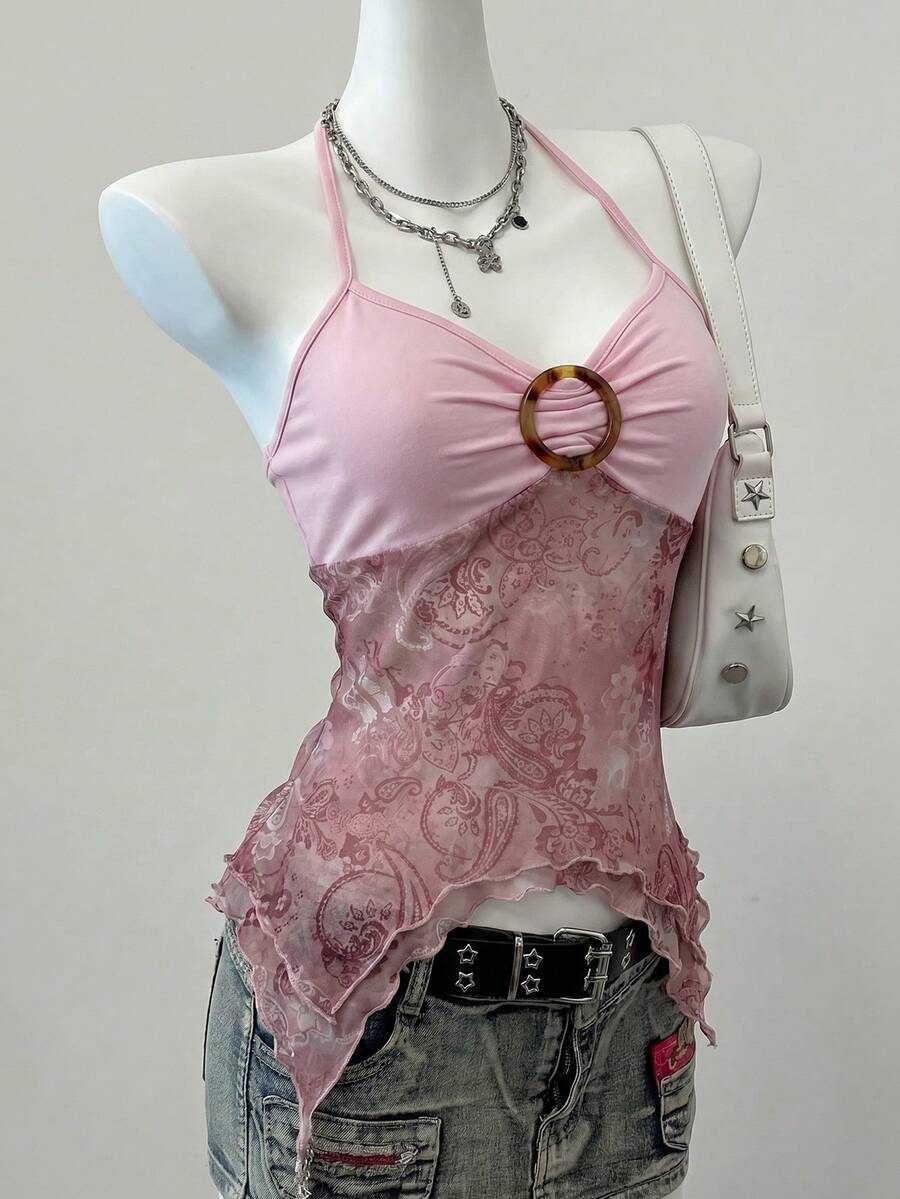 Easelle 女士休闲系领腰果印花衬衫,日常百搭 - 淺粉色 - 查看 1