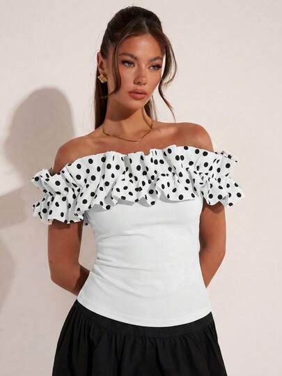 COSMINA Women's Elegant Polka Dot Contrast Color Off-Shoulder Petal Sleeve Top, Versatile For Commute, Office, Dates, Parties, Birthdays, Valentine's Day