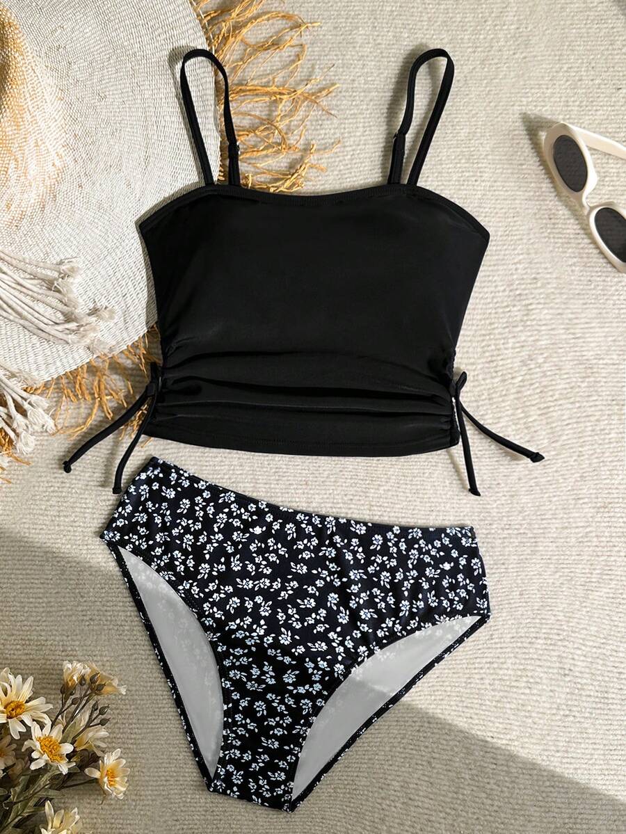 SHEIN Bộ đồ bơi tankini in hoa cho bé gái tuổi teen - Co giãn tốt, không xuyên thấu, có thể giặt máy, đồ bơi thời trang, thích hợp cho bơi lội, kỳ nghỉ, trang phục đi biển mùa hè, bộ đồ bơi trẻ em, kỳ nghỉ hè. - màu đen - Xem 1