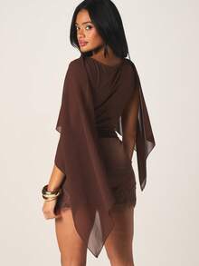 MISSGUIDED Women's Brown Chiffon Cape Bodysuit With Lace Hem Detail And Draped Overlay For Evening Special Occasions - Coffee Brown - View 3