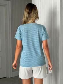 EURMUSE Damen Baumwolle 2-teiliges Kontrast-Farbband mit Cartoon Koala Muster gestreiftes Kurzarm Shirt & einfarbige Shorts Homewear Komfort Pyjama Set - Verschiedenfarbig - Übersicht 2