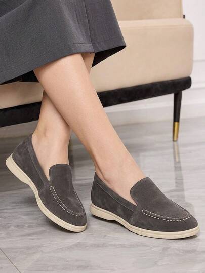 Sleekvia Zapatos de color gris oscuro, zapatos casuales de ante nuevos para las cuatro estaciones, zapatos holgados, mocasines, zapatos de mujer