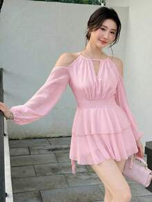 Celisse 女士休闲通勤简约约会露肩灯笼袖腰部荷叶边下摆短连衣裙，春夏秋季 - 淺粉色 - 查看 4