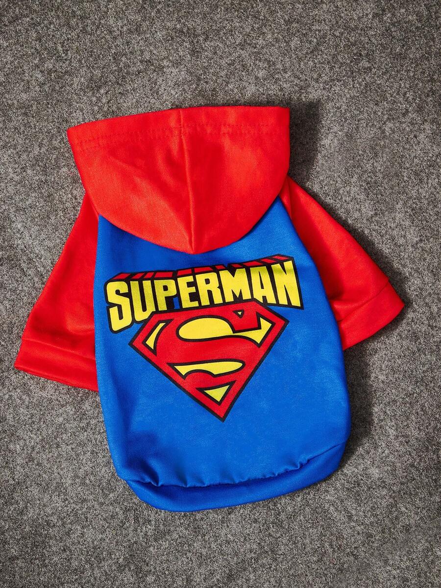 SUPERMAN X SHEIN 1 件印有 Logo 的宠物肩袖连帽卫衣,猫咪服装,狗狗服装,尺码 XXS-XXXXL,正义联盟 - 寶藍色 - 查看 1