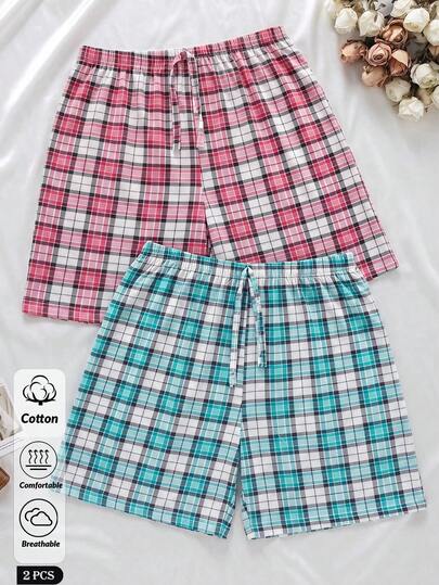 EURMUSE Women Plus Size Cotton 2 Pcs Plaid Print Pattern Fake Drawstring Sleep Shorts Homewear Comfort Set