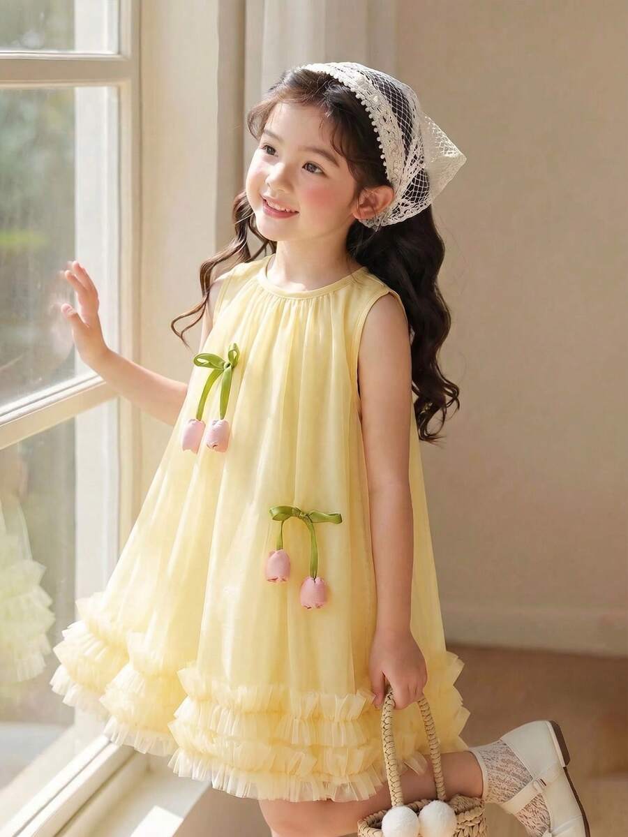 SHEIN Vintaside Kids 夏季女童杏色无袖网纱连衣裙,饰有郁金香图案,适合日常穿着 - 黃色 - 查看 1