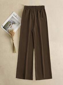 SHEIN PariChic Women's Casual Linen-Like Texture Straight Leg Pants, Spring/Summer - Brown - View 2