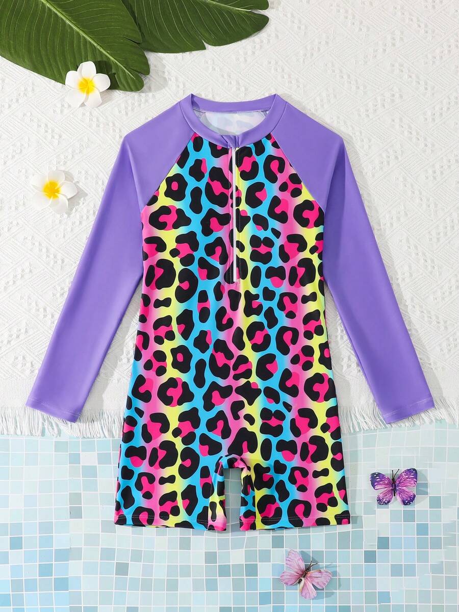 Tween Girls Leopard Print Zipper One-Piece Swimsuit - White - View 1