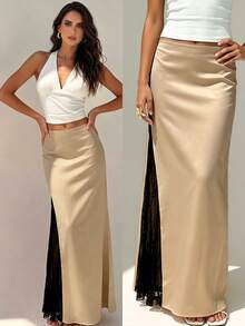 NOVVYNE Falda larga elegante francesa de satén con cintura ceñida y versátil, falda maxi con encaje y abertura para mujer - Albaricoque - Ver 2