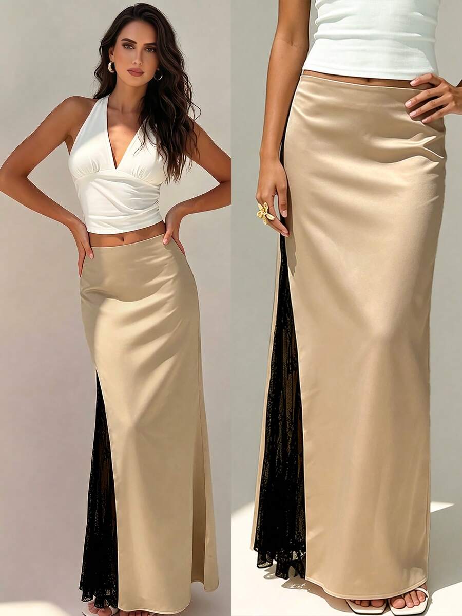 NOVVYNE Falda larga elegante francesa de satén con cintura ceñida y versátil, falda maxi con encaje y abertura para mujer
