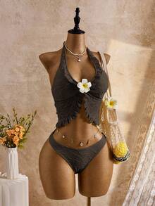 Bellisia Bộ đồ đi biển mùa xuân/hè 26SS dành cho nữ, bộ bikini hai mảnh kiểu áo hai dây, chất liệu vải họa tiết hoa rỗng thanh lịch, ngọt ngào, dễ thương, họa tiết hoa cúc 3D phong cách BOHO, mút ngực có thể tháo rời, dây buộc nơ, viền bèo nhún, bộ bikini hai dây kiểu áo hai dây - màu nâu - Xem 1