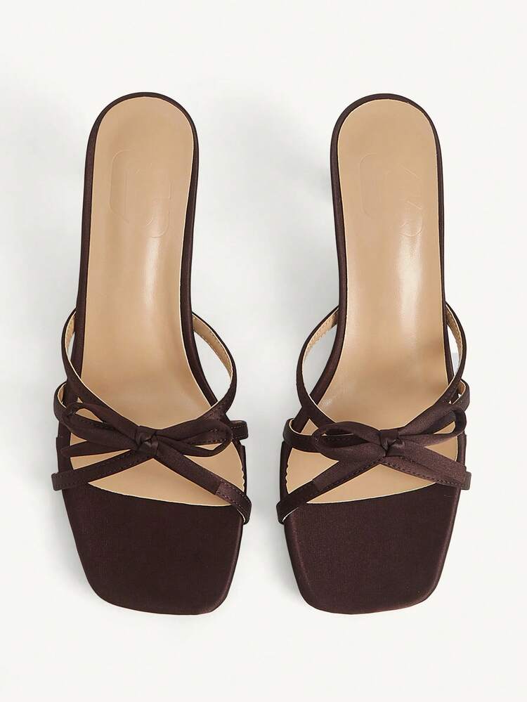 CUCCOO CHICEST Brown Satin Bow High Heel Square Toe Thin Strap Thin Heel Outside Temperament Banquet Sandals