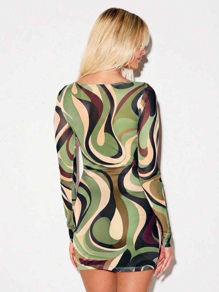 Swirl Print Mesh Bodycon Mini With Matching Bandana