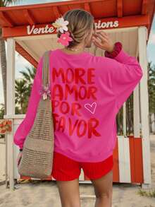 DrmWander Damen Buchstaben-Muster Lässig Rundhals Langarm Sweatshirt - Heißes Pink - Übersicht 4