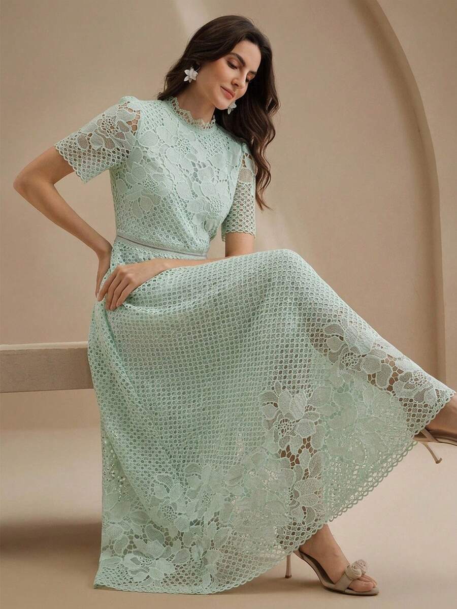 Anewsta Đầm dài nữ thanh lịch, màu trơn, ren rỗng, đính hoa, tay ngắn, vạt trước ngắn vạt sau dài, chất liệu cao cấp, tôn dáng. - Màu xanh Bạc hà - Xem 1
