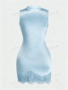 GlowEve 女士新款缎面高领无袖褶裥收腰不对称性感紧身蕾丝装饰连衣裙，女士缎面连衣裙，夏季女士连衣裙，女士优雅派对连衣裙，女士度假装，女士缎面连衣裙，女士棕色连衣裙，女士性感连衣裙，女士无袖连衣裙，女士音乐节连衣裙，毕业季服装，时尚休闲通勤装，商务办公装，多功能时尚休闲装，都市教师工作服 - 淺藍色 - 查看 2