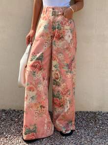 DAZY Women's Casual Floral Print Loose Wide-Leg Jeans - Pink - View 3