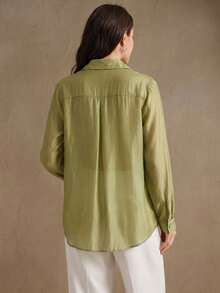 Anewsta Blusa de alta calidad con pliegues, patchwork y bordados de estilo francés elegante, diseño de nicho con mangas farol y cuello vuelto, versátil para el trabajo y las vacaciones - Verde - Ver 7