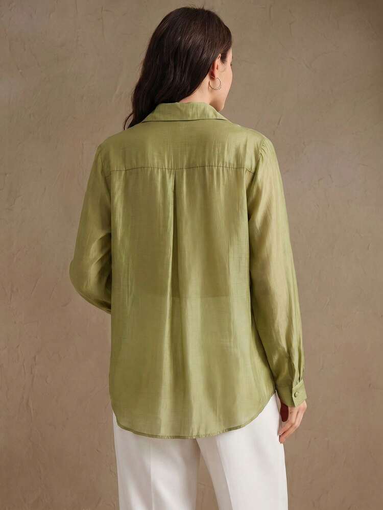 French Elegant Sage Green Autumn Office Blouse,Patchwork Embroidered Pleated Niche Design Lantern Sleeve Turndown Collar Top,Versatile Work Vacation