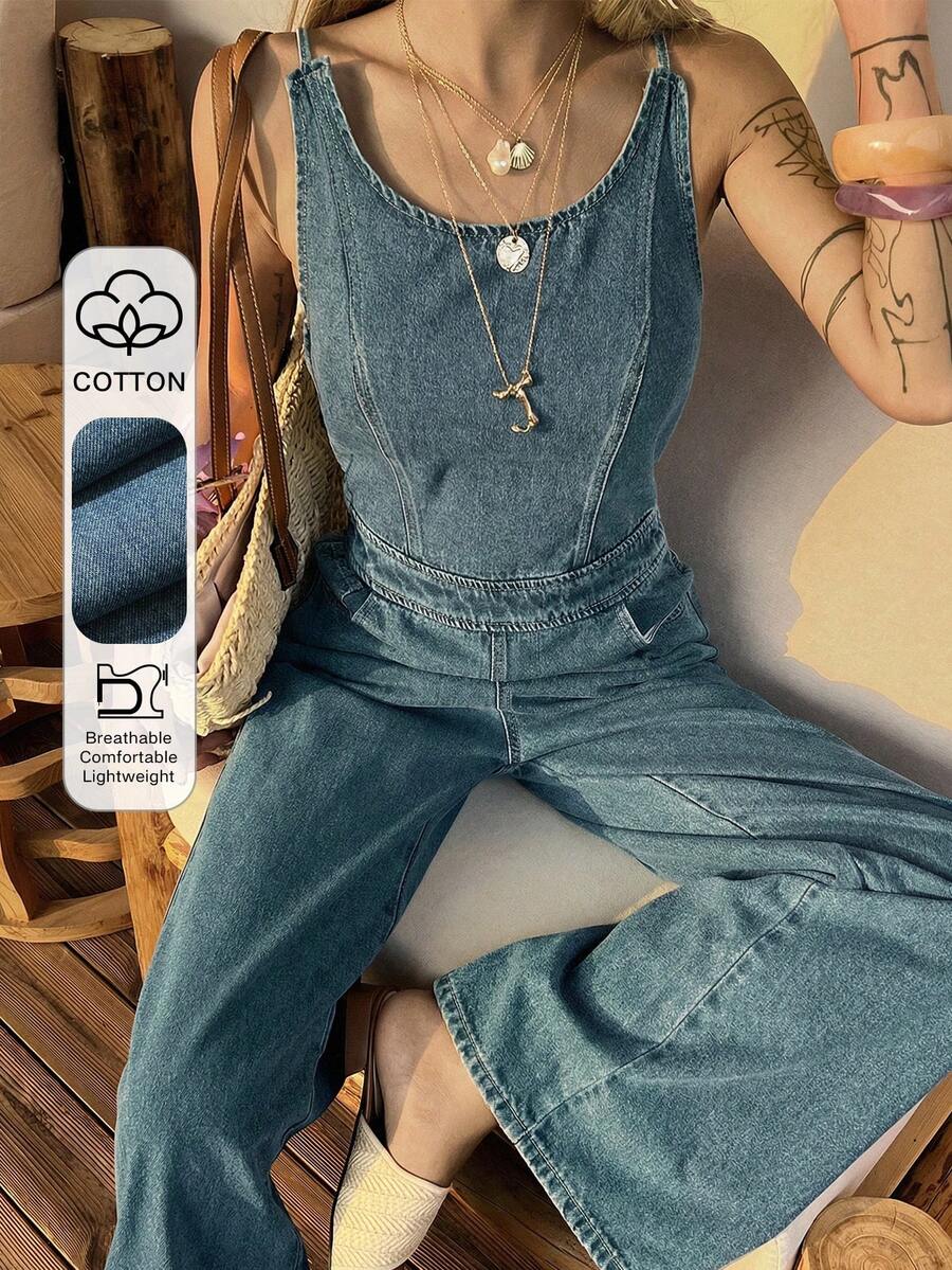 DAZY Bộ áo liền quần không tay cổ tròn dành cho nữ, bộ áo liền quần denim wash kiểu dáng thường ngày. - Màu xanh lam - Xem 1