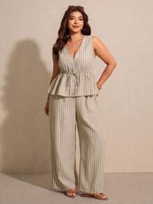 Elaquor Plus Size Casual Vacation Striped Sleeveless A-Line Shirt And Straight Leg Casual Pants 2 Pieces Set - Apricot - View 4
