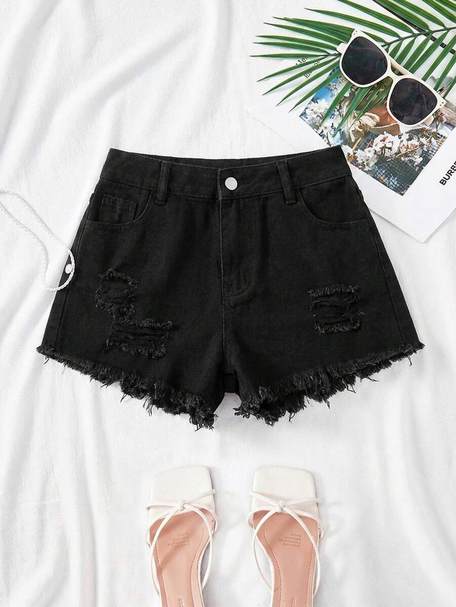 SHEIN Teen Girl Y2K Spring Summer Break Washed Low Waist Ripped Raw Hem Denim Jeans Shorts With Raw Hem, Summer Beach Boho Vacation Shorts ,Summer Concert Festival Casual Rave , Summer Brunch Graduation - Black - View 1
