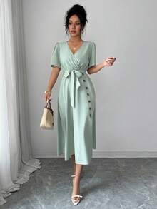 Balvessa Đầm nữ dáng suông thắt eo, kiểu dáng thường ngày, thích hợp đi nghỉ mát hoặc đi làm, màu xanh lá cây nhạt, bộ sưu tập Xuân/Hè 2026. - màu xanh lá - Xem 7