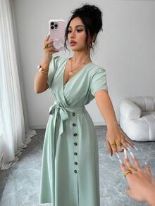 Balvessa Đầm nữ dáng suông thắt eo, kiểu dáng thường ngày, thích hợp đi nghỉ mát hoặc đi làm, màu xanh lá cây nhạt, bộ sưu tập Xuân/Hè 2026. - màu xanh lá - Xem 8