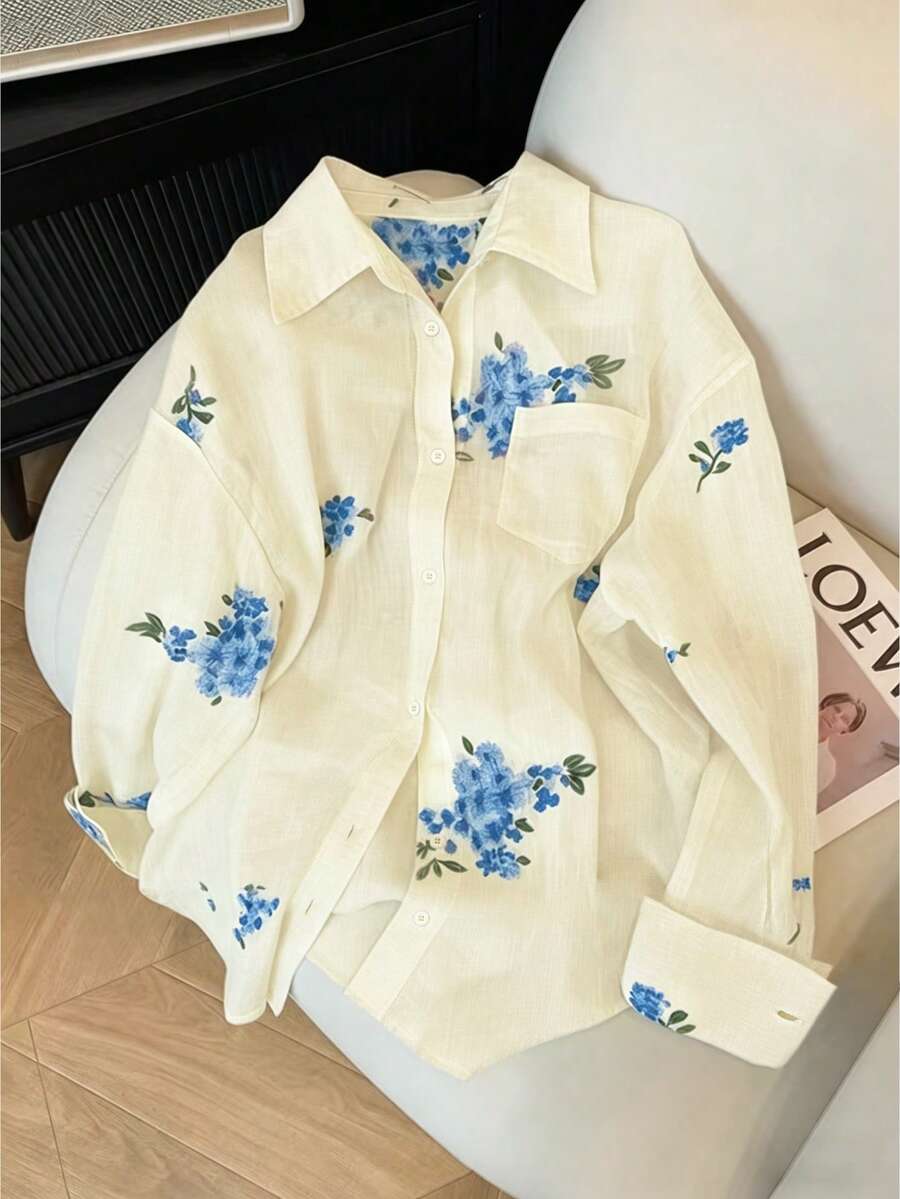 INAWLY 女士时尚休闲简约浪漫度假刺绣花卉长袖纽扣衬衫 - 藍色 - 查看 1