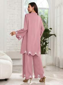 Lacomfia Women's V-Neck Embroidered Loose 2 Pieces Set, Autumn Tea Party Dusty Pink Modest - Dusty Pink - View 3