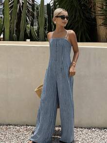DAZY Women's Striped Print Casual Sleeveless Denim Jumpsuit, Summer - Blue - View 7