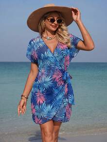 Swim Lushoire 女士夏季海滩度假热带植物印花裹身系带和服罩衫 - 藍色 - 查看 1