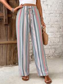 SHEIN Frenchy Quần nữ dáng suông kẻ sọc, thích hợp cho kỳ nghỉ hè. - Nhiều màu - Xem 3