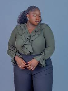 CurvyTilda Plus Size Women's Simple Solid Color Ruffled Casual Vacation Loose Shirt, Spring/Autumn, Fall Clothes For Women, For Hourglass Body Shape - Army Green - View 3