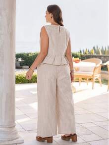 Rosumi Plus Size Women's 2pc Set,White Striped Ruffle Sleeveless Tank Top And Wide Leg Pants,Summer Vacation Holiday Boho Outfit,Casual Everyday Set - Khaki - View 3