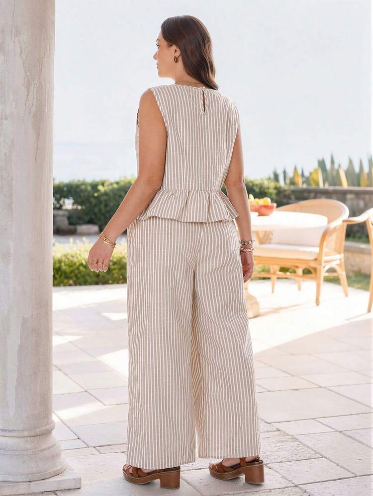 2pc Set  Plus Size Women's Summer Casual Vacation Country Sleeveless Striped Ruffle  Tank Top And Pants 2 Pieces Set,Casual Everyday Set,Summer\Vacation,Summer Holiday,Vacation Outfits Women ,Holiday Outfits For Women,Going Out Outfits, New Clothes,Simple And Fashionable For Everyday Wear,Suitable For Summer, Vacation, Daily Wear, Daily Wear,Country Concert Outfit ,Modest Two Piece Set, Plus Size Summer Sets,Plus Size Pants Set,Boho Set,Boho Pants Set For Women,Wide Leg Pants Set,2 Piece Casual Sets Woman,Two Piece Set Women