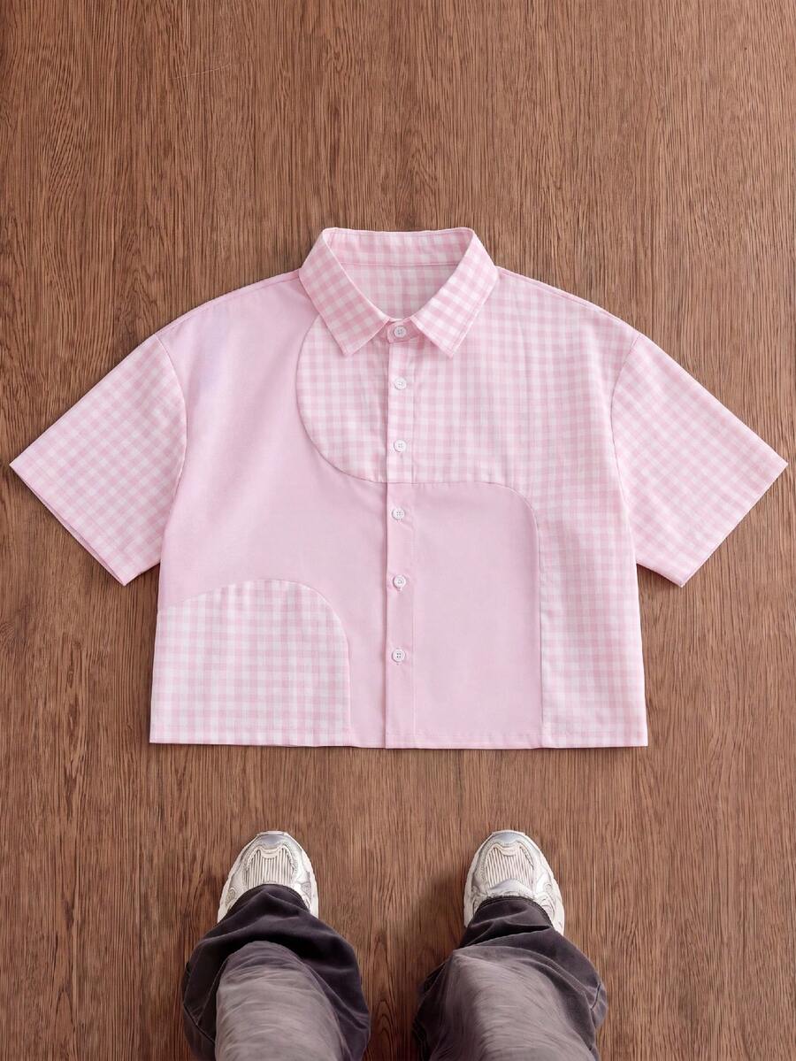 SWAVVY Men's Plaid Print Front Button Casual Loose Short Sleeve Shirt - Pink - View 1