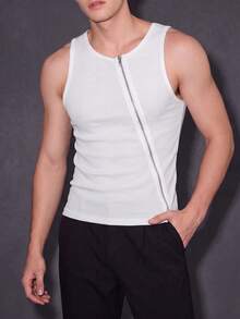 Manfinity Dauomo 男士夏季无袖背心 - 罗纹前拉链修身款，健身训练运动上衣 - 白色 - 查看 5