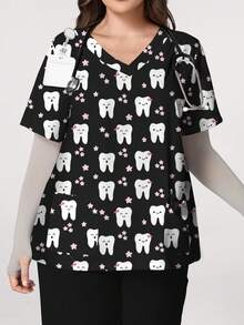 PopScrub Blusa de uniforme de bolsillo con estampado de dibujos animados de manga corta para mujer de talla grande - Multicolor - Ver 3