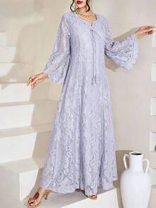 SHEIN Najma Đầm xòe tay lửng 3/4 cổ vuông phối ren tua rua dành cho nữ - Màu tím - Xem 4