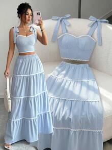 SHEIN Raffinéa Bộ 2 món áo hai dây ngắn kẻ sọc và chân váy mini dành cho nữ. - Màu xanh lam - Xem 1